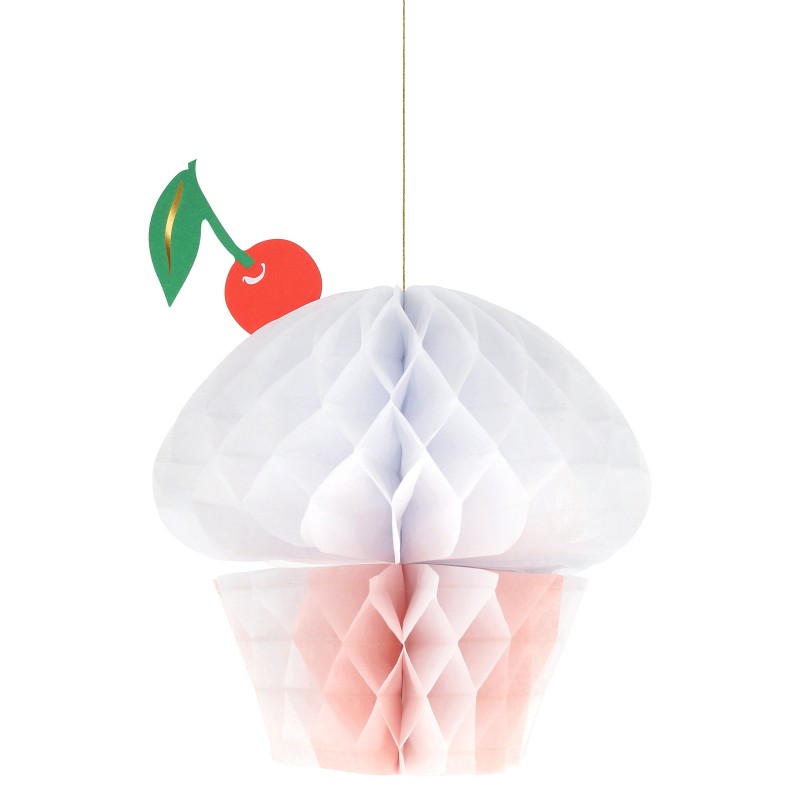 Pink and white honeycomb paper cupcake hanging decoration with a red cherry and green leaf on top