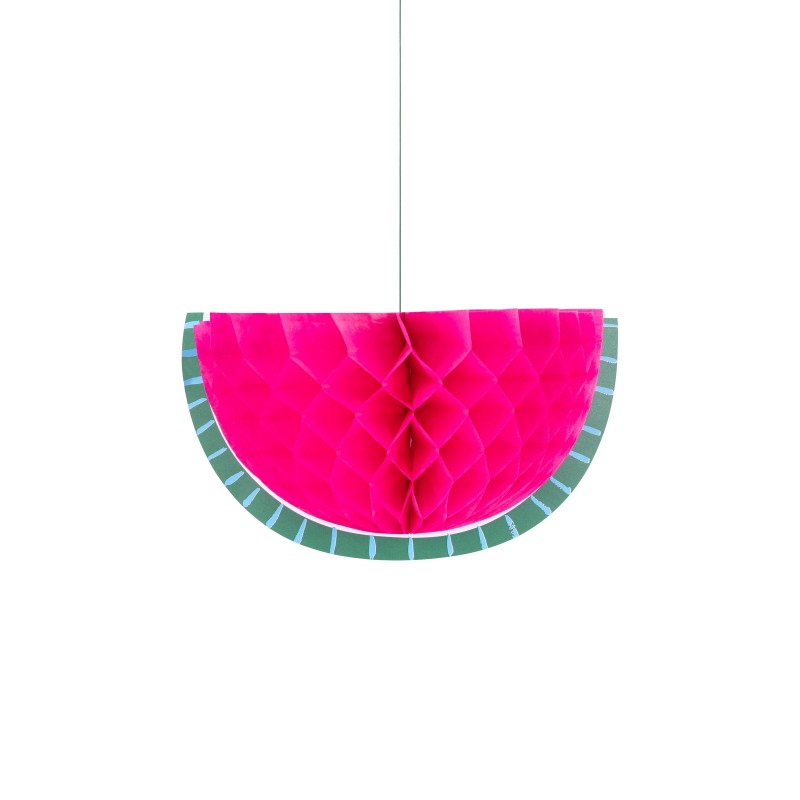 Pink honeycomb paper watermelon slice decoration with green rind and blue seed details