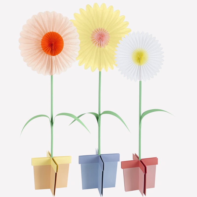 Set of 3 pastel giant paper daisy decorations with pots