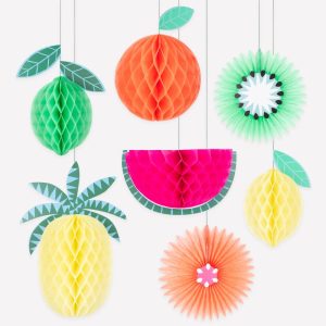 Set of 7 tropical fruit honeycomb decorations lime, orange, kiwi, watermelon, pineapple,lemon, and orange slice