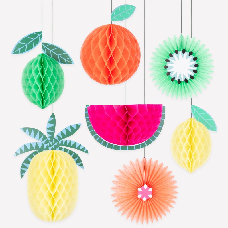 Set of 7 tropical fruit honeycomb decorations lime, orange, kiwi, watermelon, pineapple,lemon, and orange slice