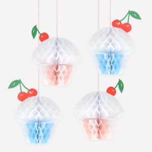 4 Pack Honeycomb Paper Cupcake Ornaments Dessert Theme Party Decor