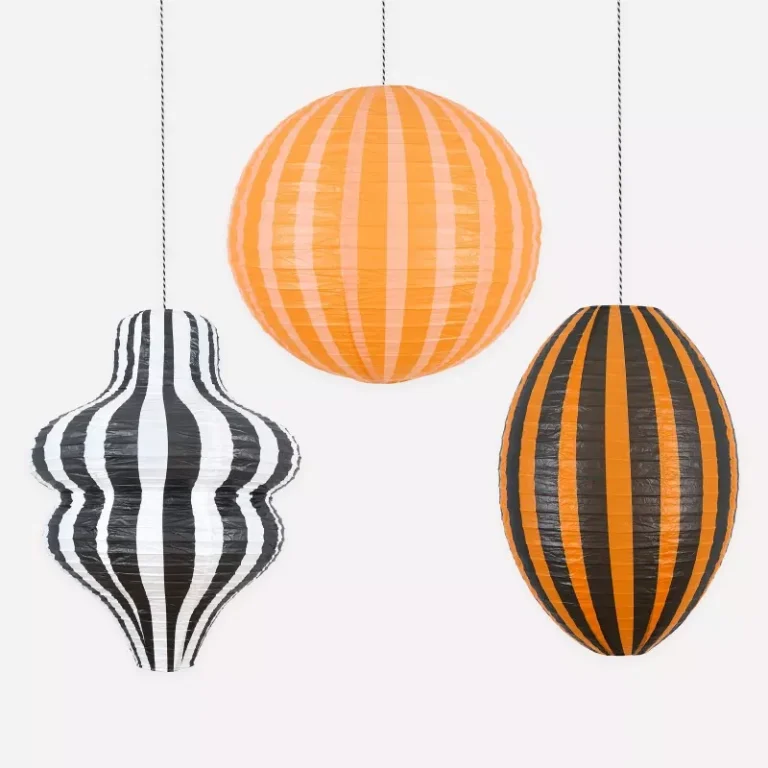 Assorted Vintage Striped Halloween Paper Lantern Set, Round Sphere, Gourd Shape and Olive Oval Hanging Paper Lantern Decor