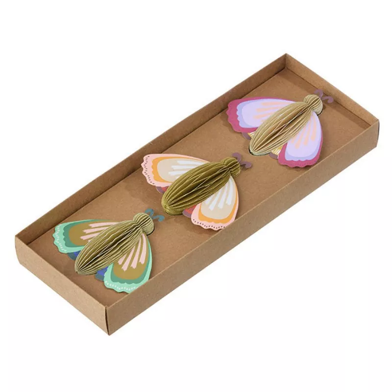 Boxed set of paper honeycomb moth hanging decorations, vintage butterfly paper ornaments for spring celebration