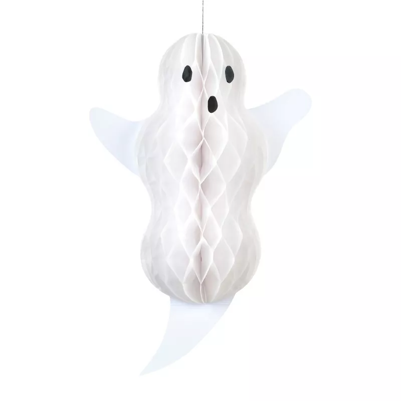 Cute white honeycomb paper ghost hanging decoration with tail, 3D paper ornament for Halloween