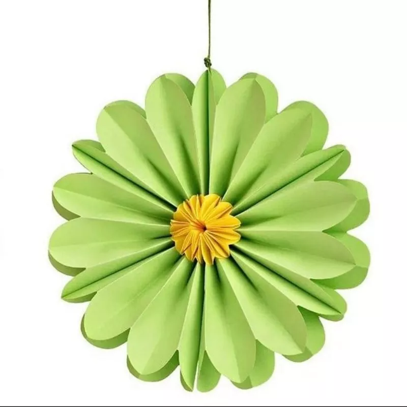 Light green folded paper daisy hanging ornament with yellow center