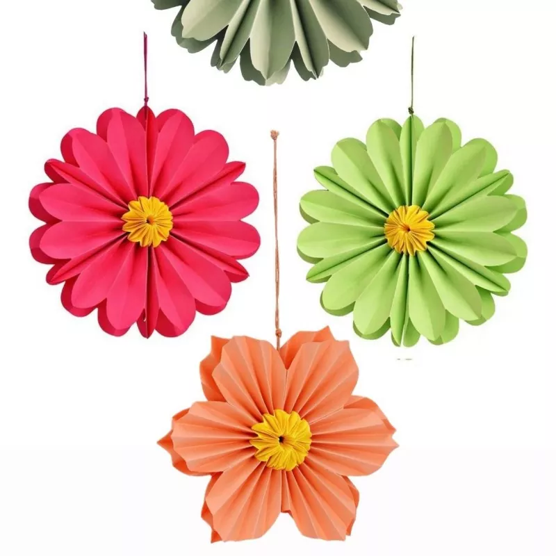 Multi-color paper daisy hanging fan set pink green orange party decor