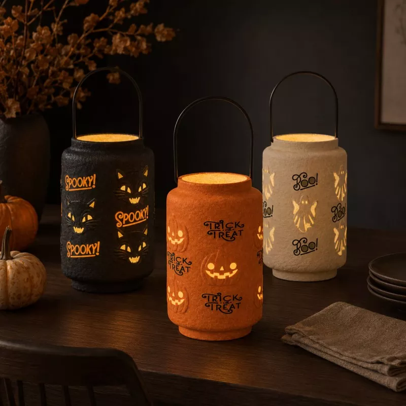 Illuminated paper pulp Halloween carved lantern table decor