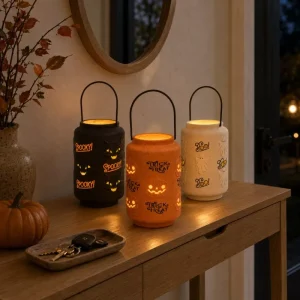 Lit paper pulp Halloween lantern warm glow indoor spooky decor