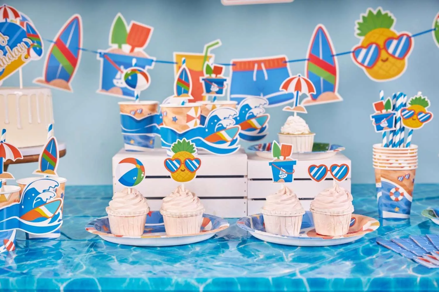 Summer surf beach birthday, ocean‑themed party tableware