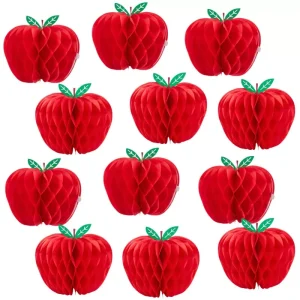 12‑pack red apple honeycomb paper ornaments, white isolated full‑set product view