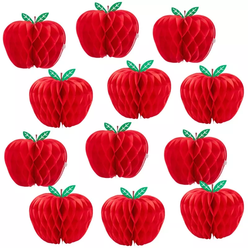12‑pack red apple honeycomb paper ornaments, white isolated full‑set product view