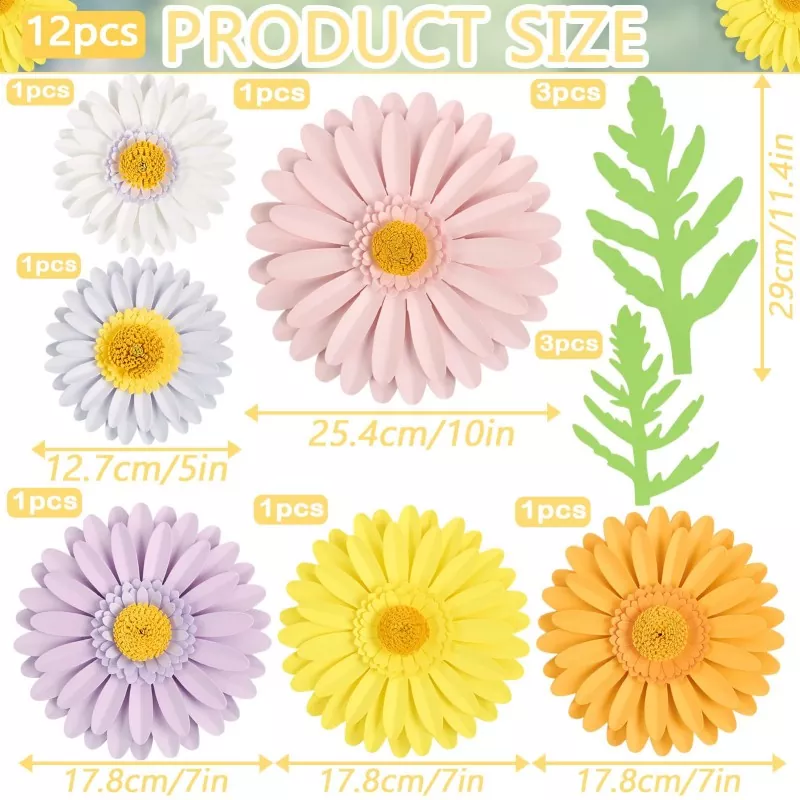12‑piece 3D paper gerbera daisy set size chart, product dimension infographic
