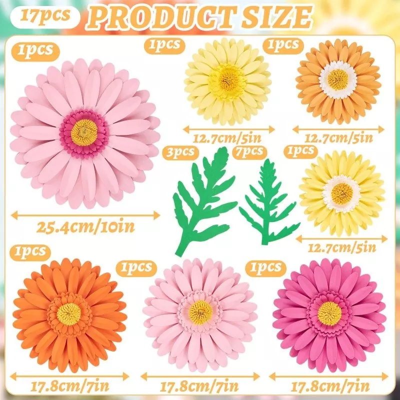 17‑pcs gerbera paper flowers dimension specification chart, size reference graphic