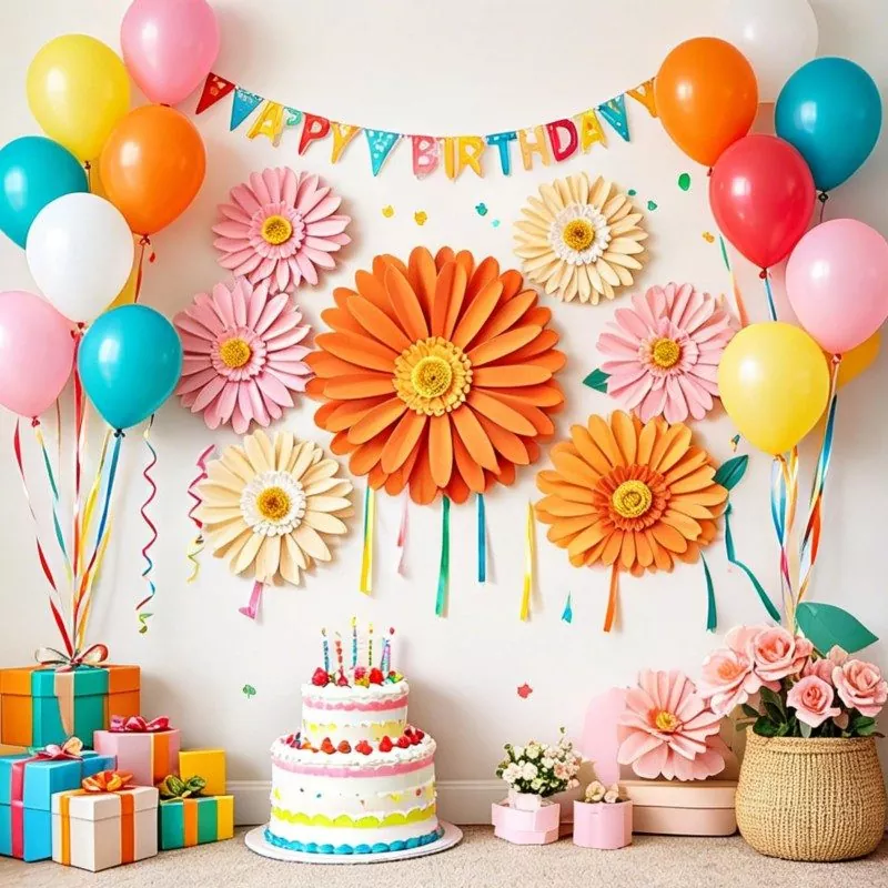 3D gerbera paper flowers birthday party backdrop with balloons and cake