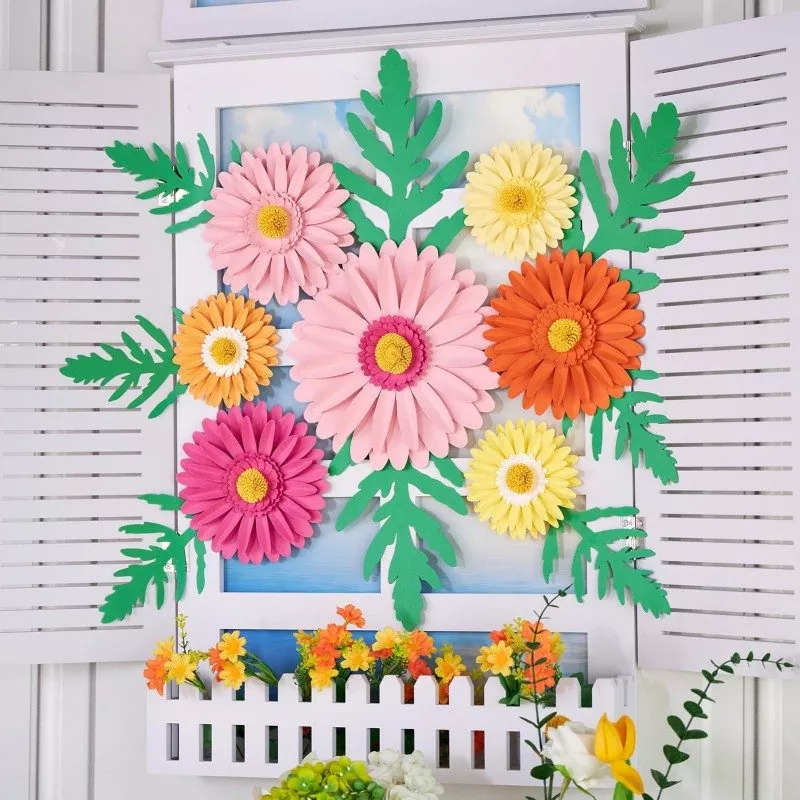 3D gerbera paper flowers decor on shutter window, spring backdrop styling