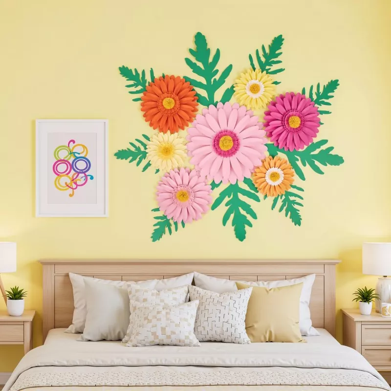 3D gerbera paper flowers wall art on yellow bedroom wall, home decor lifestyle