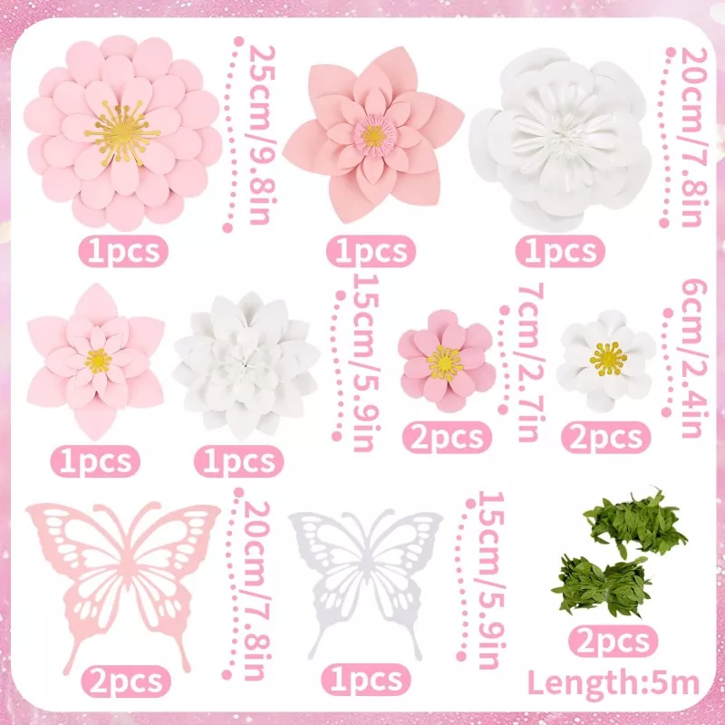 3D paper flower butterfly kit size guide, product dimension chart