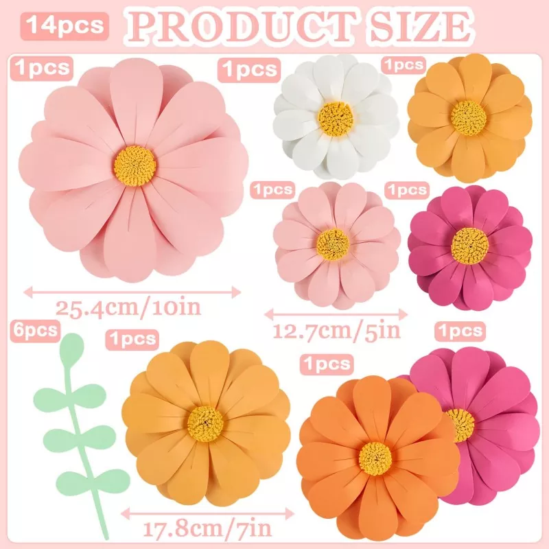 3D paper flower set size chart, product dimension diagram