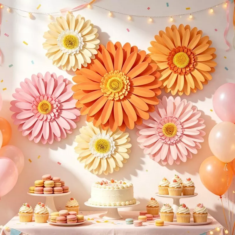 3D paper gerbera daisies birthday backdrop, party dessert table scene