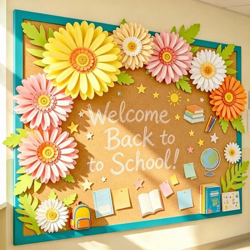 3D paper gerbera daisies on school bulletin board, back‑to‑school classroom decoration