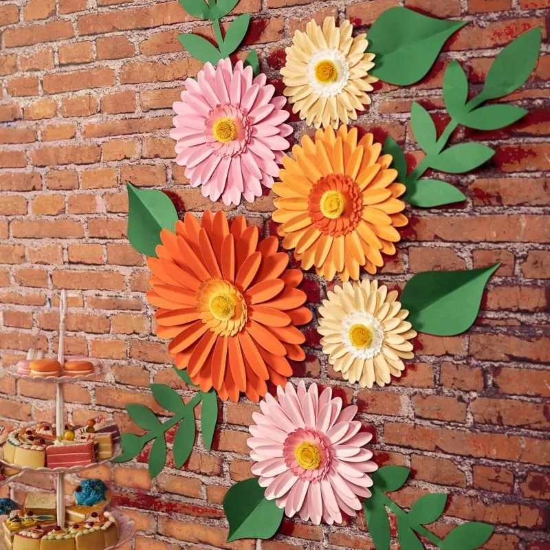 3D paper gerbera daisy arrangement on vintage brick wall, party wall decor