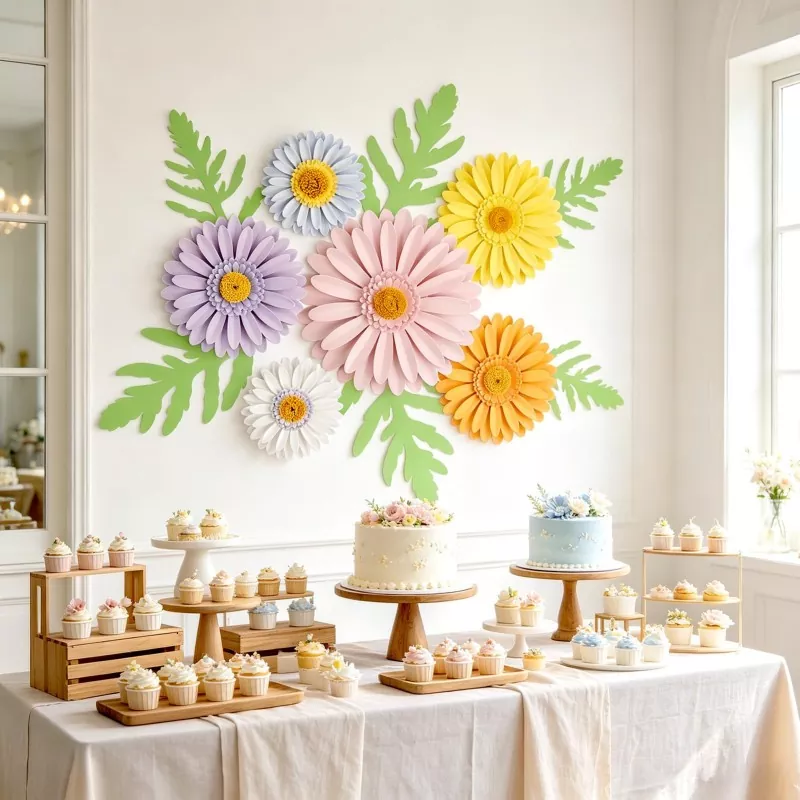 3D paper gerbera daisy wall backdrop for baby shower and birthday party dessert table