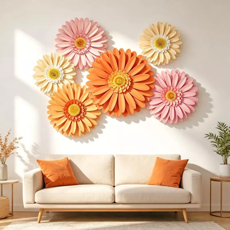 3D paper gerbera daisy wall decor behind cream sofa, home lifestyle shot