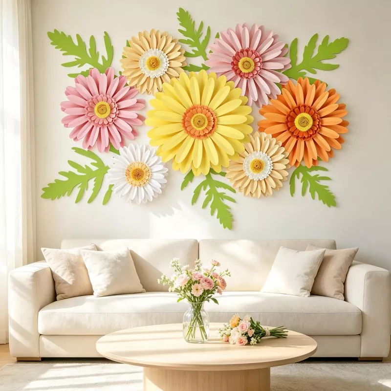 3D paper gerbera daisy wall decor on plain wall behind cream sofa, home lifestyle shot
