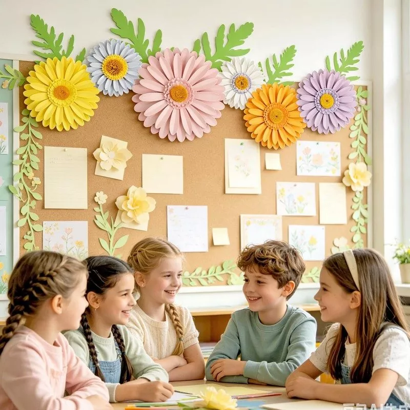 3D paper gerbera flower decor on classroom cork board, school kids scene