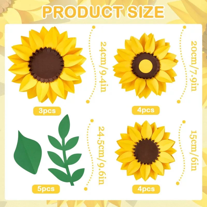 3D paper sunflower set size chart, product dimension infographic