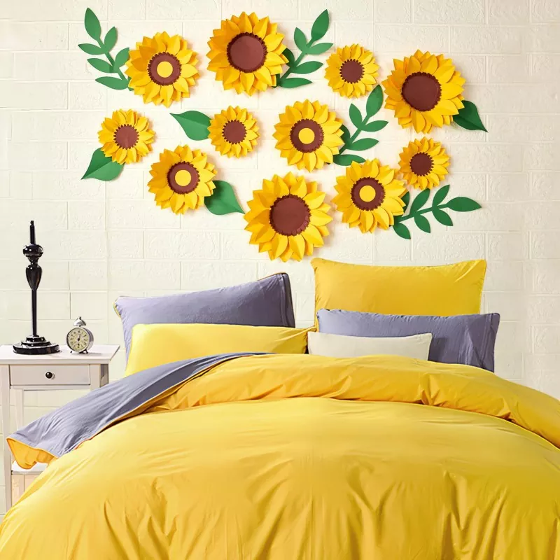 3D paper sunflower wall art above bed, bedroom home decor