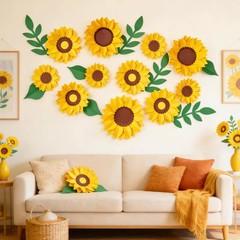 3D paper sunflower wall decor in cozy living room, home background display