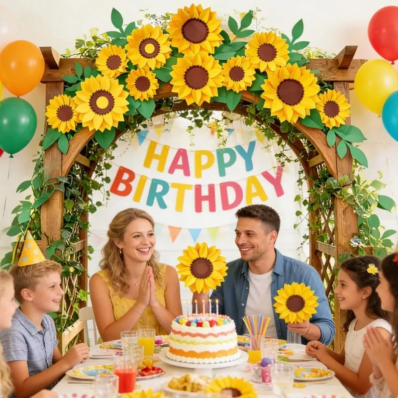 3D paper sunflowers on wooden arch, sunflower theme birthday party backdrop
