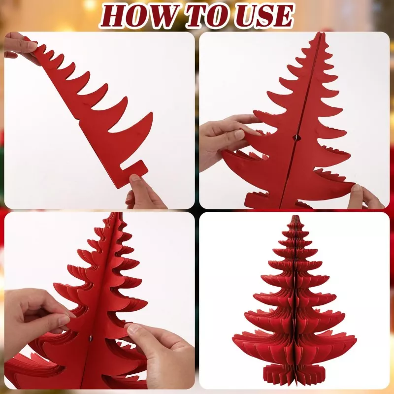 4-step assembly tutorial showing hands assembling red foldable paper Christmas tree