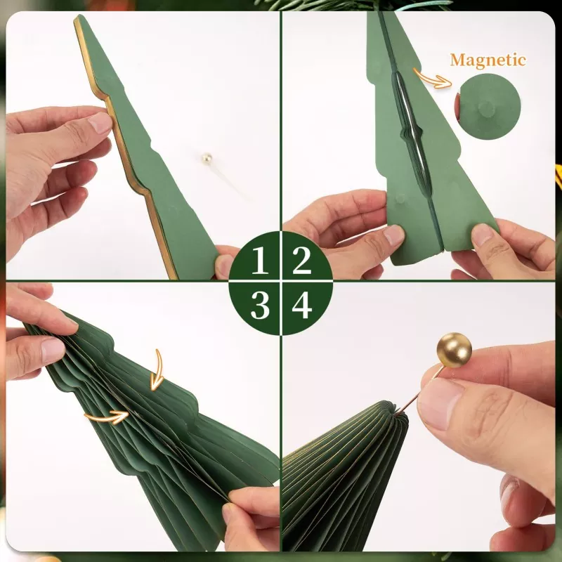 4-step assembly tutorial showing magnetic connection design for pleated paper Christmas tree, hands demonstrating folding and installing gold ball topper