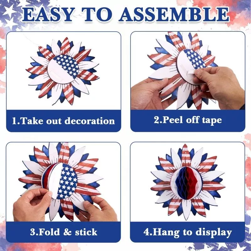 4-step easy assembly guide for patriotic sunflower honeycomb paper flower decorations, peel tape, fold, stick and hang