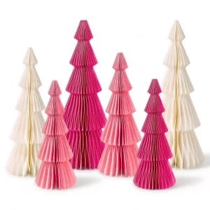 6 Pack Pink White Pleated Paper Christmas Tree Table Decor Isolated Shot
