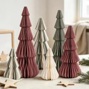 6pcs Burgundy Sage Accordion Paper Christmas Trees Home Table Decor