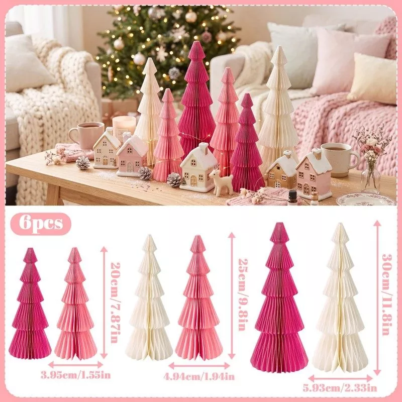 6pcs pleated paper Christmas trees product collage, lifestyle photo and dimension size diagram showing 20cm,25cm,30cm heights