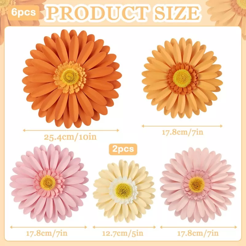 6‑pcs gerbera paper flowers dimension infographic, product size guide