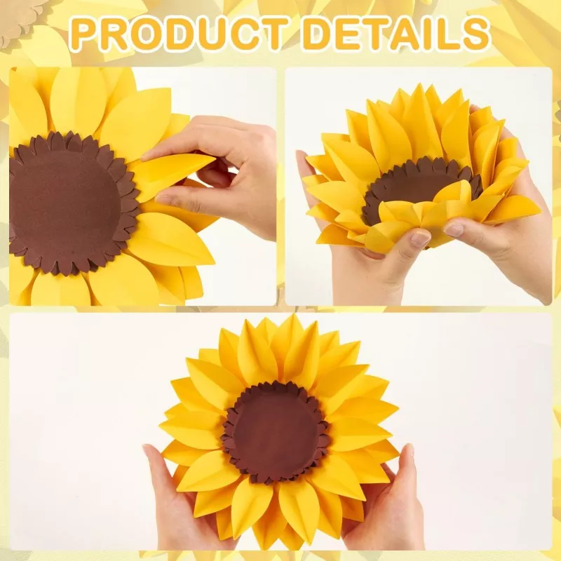 Assembly details of 3D paper sunflower, hands bending paper petals