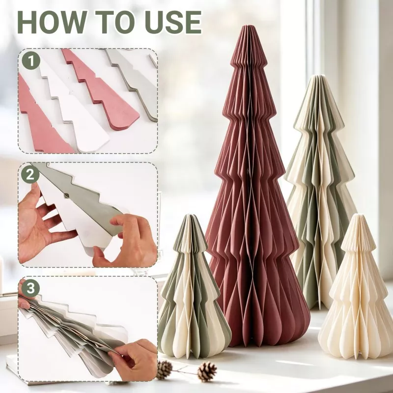 Assembly instructions for foldable accordion paper Christmas table trees