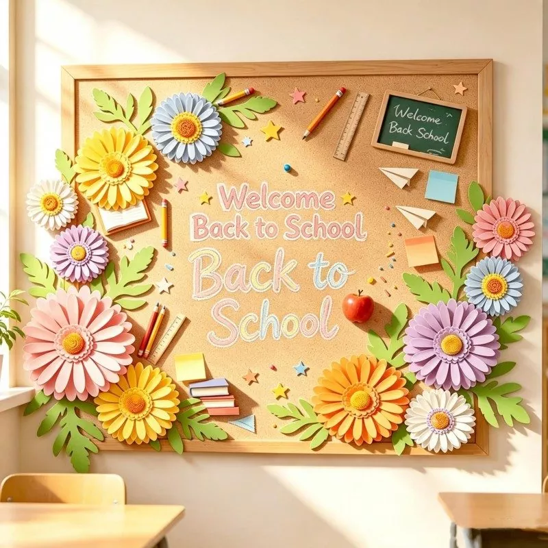 Back‑to‑school bulletin board with colorful 3D paper gerbera daisies, classroom wall decor