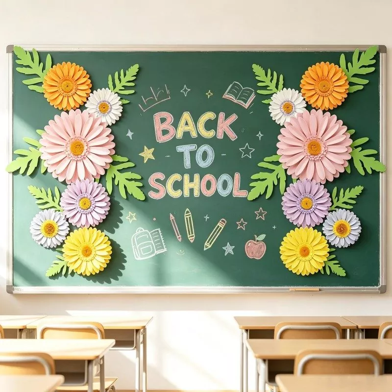 Back‑to‑school chalkboard decorated with 3D paper gerbera daisies, classroom wall decoration