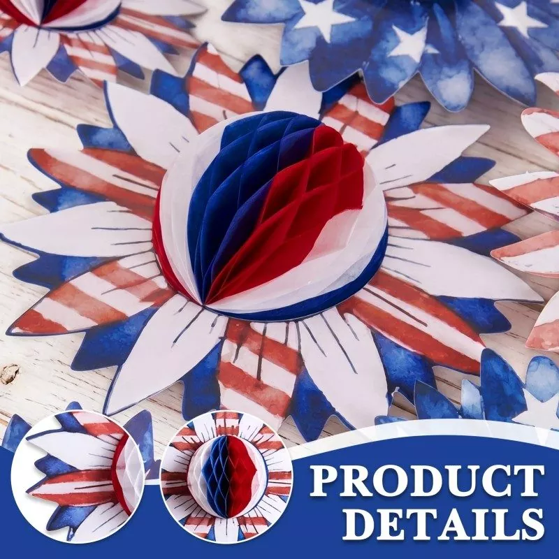 Closeup details of 4th of July sunflower honeycomb paper flower decoration