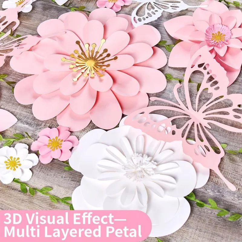 Close‑up of layered 3D paper flowers and paper butterflies, texture detail