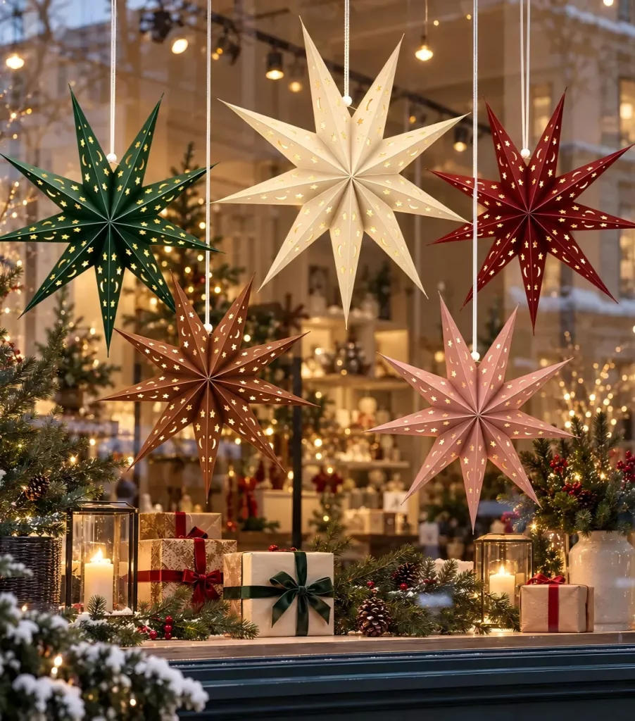 Colorful paper star lanterns hanging in a festive Christmas shop window with wrapped gifts, pine branches and glowing candles