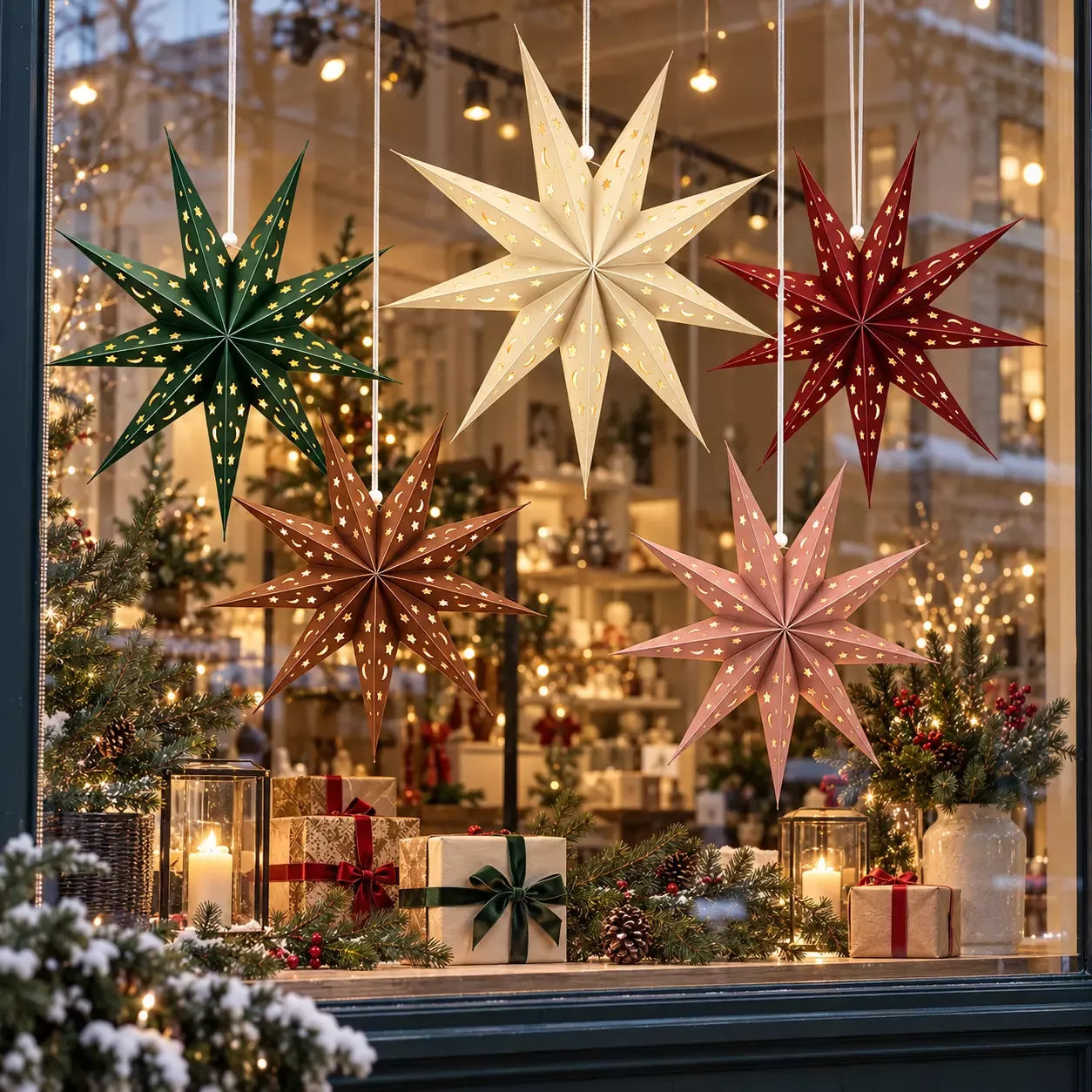 Colourful Christmas paper star lanterns hanging in shop window with Christmas gifts, pine sprigs and candles