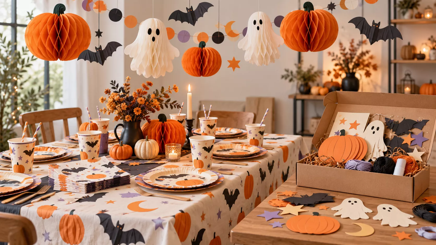Coordinated Halloween collection with honeycomb paper decorations, matching party tableware and paper craft kit